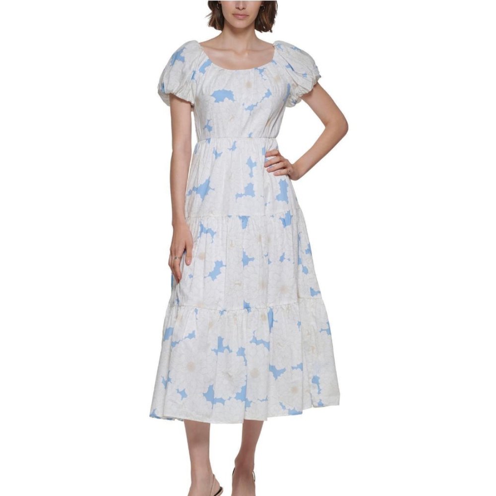Calvin Klein White Dress with Light Blue Floral Print Maxi - Picture 2 of 4